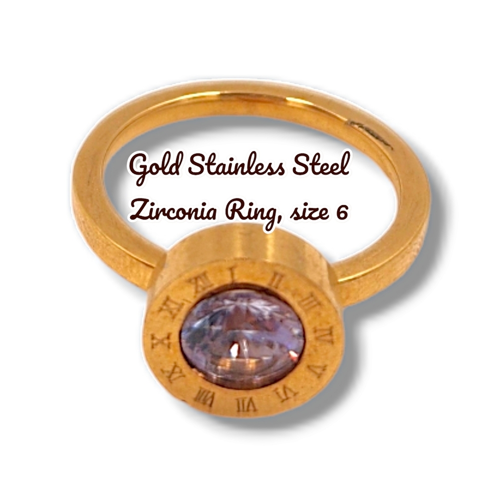 Zirconia round Gold Stainless Steel Ring, size 6